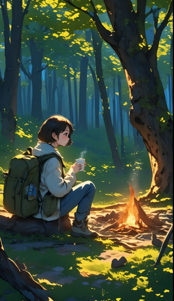  Traveler、A broad perspective、 Deep Forest 、The squirrels are watching、(((night)))、Fire pit、Small bonfire、  one woman、Backpacker、Sit back and enjoy coffee