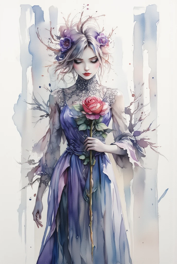 watercolor illustration on white paper. In the midst of a fantasy realm, in the style of Albrecht Durer, a (mysterious (female (vampire))), holding a red rose. lacy gothic aesthetic. contemplative.  purple and black. 