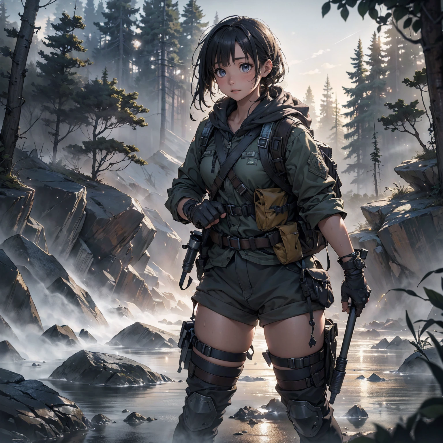 a girl backpacking through the wilderness, determined and hopeful, photorealistic, wallpaper, high resolution, cinematic lighting, ultra-detailed, best quality, 8k, masterpiece, extremely detailed, physically-based rendering, sharp focus, vivid colors, dramatic lighting, adventure, fantasy, serene, atmospheric, peaceful