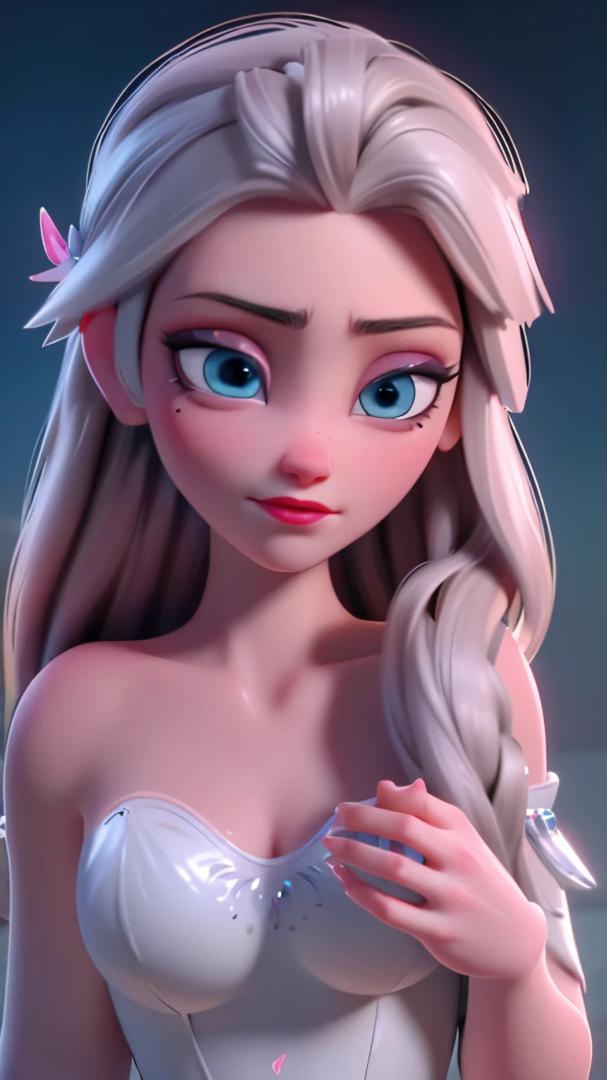 elsa, (perky breasts), (((small breasts))), affected smile:1.2, beautiful blue eyes, (perfect iris), depth of color in his eyes, by rubio, by the wide, braid, full lips, blush, naked, she is showing her vagina, depth of field, bokeh, (Special attention to leather details.: 1.2), masterpiece, Best Quality, ultra detailed, ultra HD, photorealistic, cinematographic, ((medium camera shot)), sensual pose, seductive, Nipples:1.4, looking to the camera, closeup of his face, her cheeks are blushed, 2, she is on her knees, eye contact:1.4, Angle elevation:1.5, ((Closeup on face)), perfect face, (((visible breasts))) bokeh everything other than her perfect face, The location is Arendelle in winter., ice castle