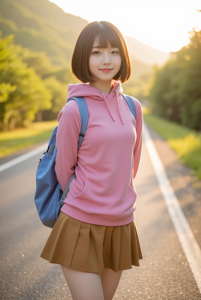 top quality 8k, high resolution, professional photographic, ultra detailed, 15mm film, portrait, (19 year old, beautiful Japanese female, REIKA standing legs parted:1.3), beautiful very short bob cut:1.4, beautiful nape, (big hip best proportion:1.5), arms behind back, (blue backpack, brown-skirt, too large pink hooded sweatshirt, "gerogero":1.4), (thick thigh smooth thigh radiant thigh focus), ((too very blushing)), (ultra detailed sunrise backlighting:1.5), (good depth field, Lonely Traveler in  country road:1.5) 