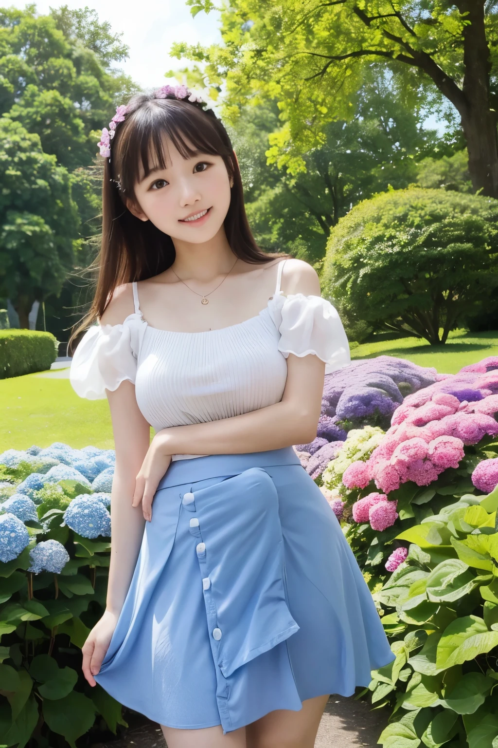 最high quality、high quality、Best image quality、8k、topless:1.4,Nipples are visible:1.4、Pleated skirt,最High resolution、High resolution、最high quality、masterpiece、RAW Photos、whole body写真、Detailed and realistic human body、Detailed and realistic skin、Realistic face in every detail、Detailed and realistic eyes、Detailed and realistic lips、Detailed and realistic teeth、Detailed and realistic ears、Detailed and realistic hair、Detailed and realistic weapons、Realistic reproduction of every detail、Realistic fingers in every detail、(Beautiful Hands、thumb1reference4)、Realistic feet down to the last detail、((Beautiful Japanese Woman))、(Japanese Model)、((21 year old beautiful woman))、(Black Hair)、(Straight hair)、((whole body))、(Slim and perfect figure)、(whole body光沢肌、Fair skin)、Detailed and realistic human body、Detailed and realistic skin、Realistic face in every detail、Detailed and realistic weapons、Realistic fingers in every detail、Detailed realistic feet、Soft natural light、Japanese garden、A 360-degree view of hydrangea fields、((Standing in the middle of a hydrangea field(A girl surrounded by hydrangeas 360 degrees))、Poses to make your thighs look beautiful