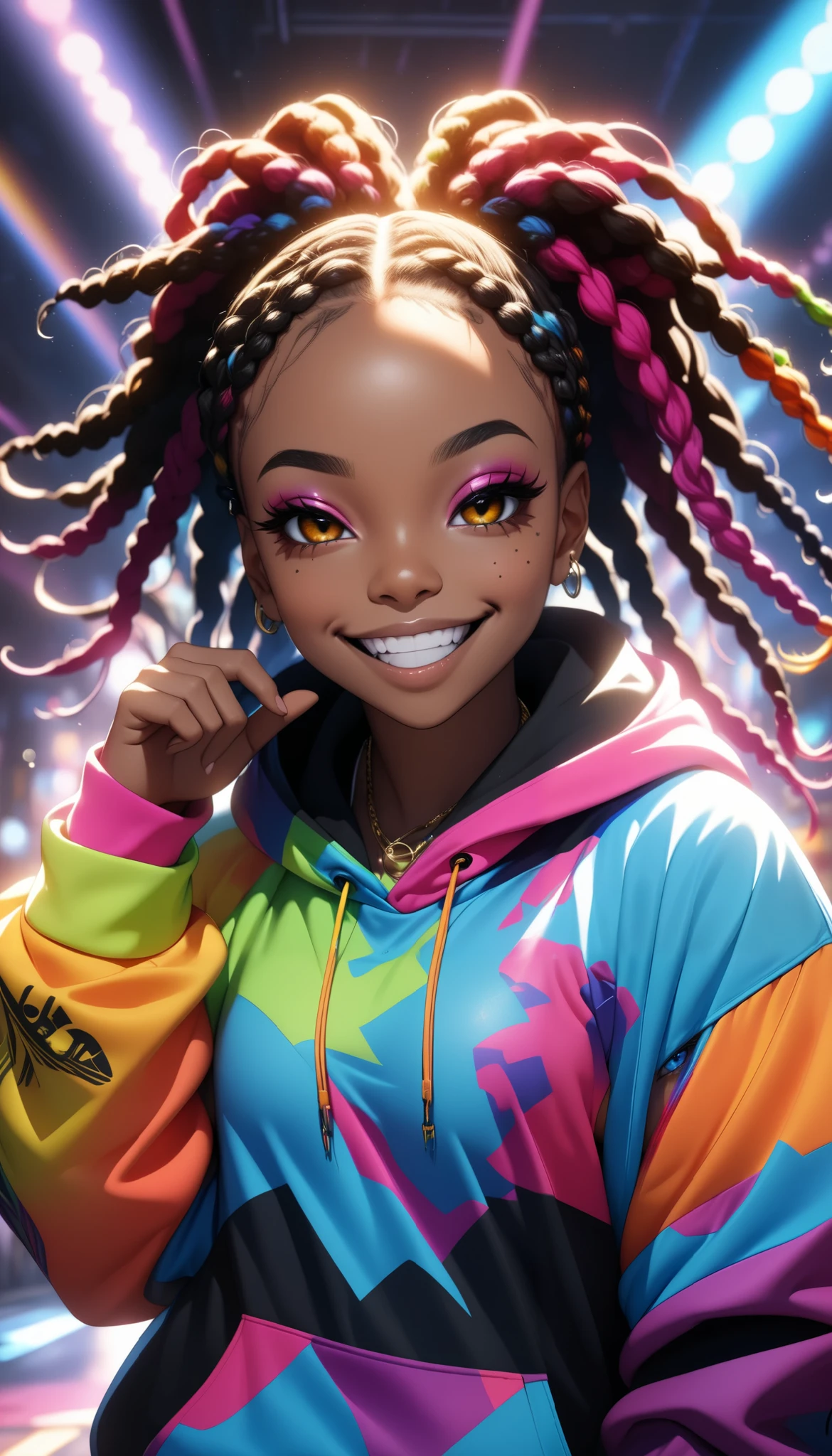 a beautiful young black girl with dreadlocks, fingersmile, colorful hoodie, rapper style, detailed facial features, intricate hair, dynamic pose, vibrant colors, cinematic lighting, photorealistic, 8k, highly detailed, masterpiece