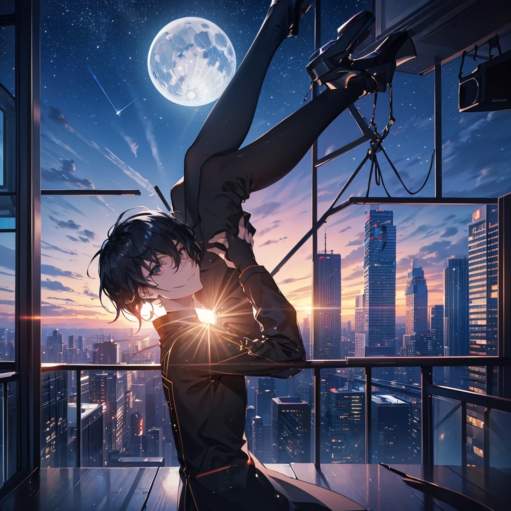 Short straight black hair,Black Despicable Me , {{{Smiling profile }}},  sky full of stars,  window lights in multiple buildings illustration of one young man,  Leaping Poses , Parkour, {{{{{ Moving by Jumping on the Rooftop of a Building }}}}},  Highlighted Perspective ,  Persona series style illustration , (8k,  top quality ,  Masterpiece  :1.2), (Eye details\), (Clothing Details), (whole body:1.3),  Highly Detailed CG Unity 8K Wallpaper , large file size, very detailed, high definition , absurd,  beautiful eyes , ray tracing,Dramatic Shadows, Finer Details ,elevation, Hyper Details,(1:1.3),(Alone), Skyscraper,  full moon, Acrobatic composition ,