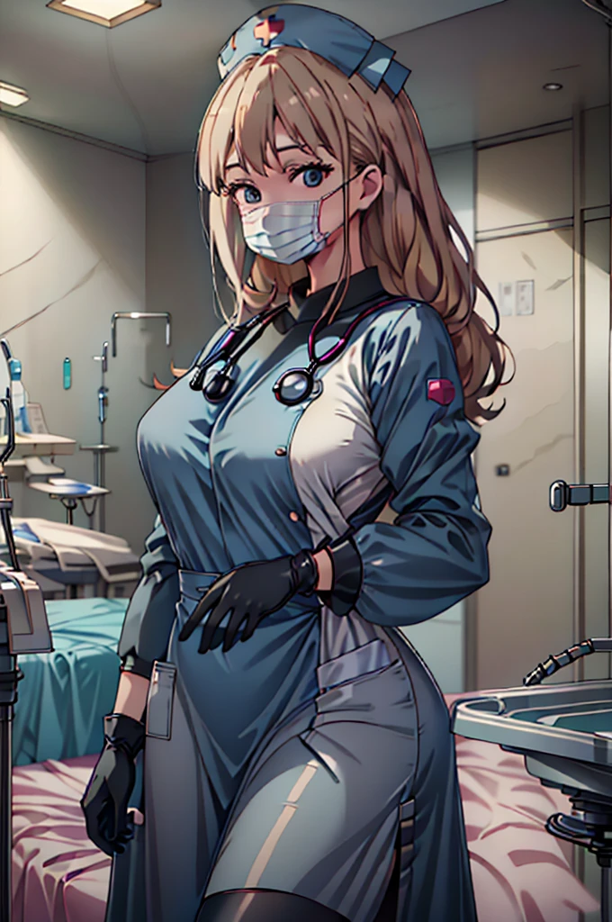 black nurse, 1woman, solo, black nurse cap, black wear, ((black legwear, zettai ryouiki)), black elbow gloves, blonde hair, blue eyes, ((black surgical mask, covered nose)), standing, ((surgery room)), sharp outline, short sleeves, mature female, 35 years old, best quality, masterpieceУши животных, Уши кошки, 