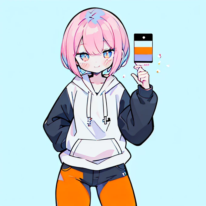 (  Masterpiece  ,  top quality:1.6), Alone, Thick outline, ( simple background ,  geometric pattern background ,  black and white, light orange:1.2),  Official Art,  KEY VISUAL , 8k,   open her mouth ， disorganized  , whole body, (Unique Hair,  hoodie too big ,  hot pants,  Hooded , Arched back, Short torso:1.2), belly button, smile！， is pleasing to the eye with so many colors,Thighs,  cowboy shooting,  high definition ,  sharp concentration,  high definition ,  most detailed,  very detailed,  super detailed, finely,  Detailed Eyes and Faces ,  sharp pupils, Realistic student, Alone, Sky blue and pink contrast, Alone,  pocket