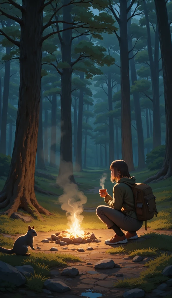  Traveler、A broad perspective、 Deep Forest 、The squirrels are watching、(((night)))、Fire pit、Small bonfire、  one woman、Backpacker、Sit back and enjoy coffee