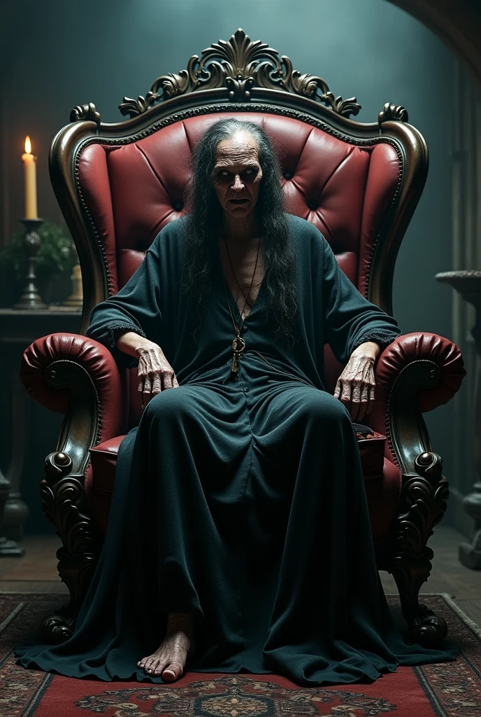 a 67 year old lady who lives in Dracula's castle in Transylvania, she has red hair, green eyes, vampire teeth stained with blood, an evil look with the smile of the devil, she has very big breasts, she dresses in a red bra and lingerie, shoes with stiletto heels, pale skin, big legs and huge calves, she has a lot of fat all over her body and is sitting on a vampire chair outside dracula's castle
