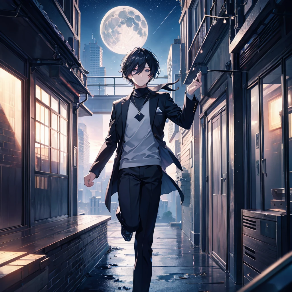 Short straight black hair,Black Despicable Me , {{{Smiling profile }}},  sky full of stars,  window lights in multiple buildings illustration of one young man,  Leaping Poses , Parkour, {{{{{ Moving by Jumping on the Rooftop of a Building }}}}},  Highlighted Perspective ,  Persona series style illustration , (8k,  top quality ,  Masterpiece  :1.2), (Eye details\), (Clothing Details), (whole body:1.3),  Highly Detailed CG Unity 8K Wallpaper , large file size, very detailed, high definition , absurd,  beautiful eyes , ray tracing,Dramatic Shadows, Finer Details ,elevation, Hyper Details,(1:1.3),(Alone), Skyscraper,  full moon, Acrobatic composition ,