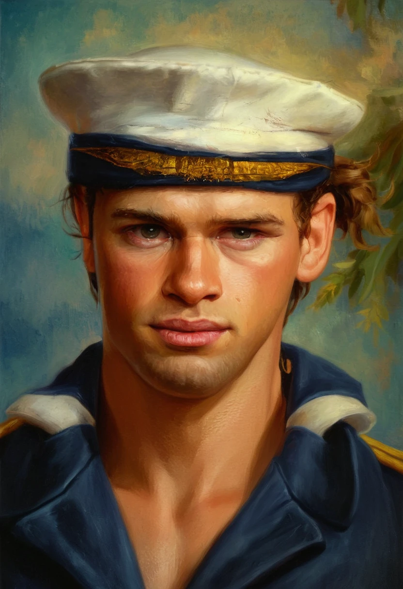 there is a man wearing a hat and a sailor suit, in a oil painting style, inspired by Niklaus Manuel, young greek man, fan art, digitally painted, liam, handsome man, chriss foss, in the style of an oil painting, portrait of a young pirate, inspired by Joseph Morgan Henninger, digital art but photo, inspired by John Mossman