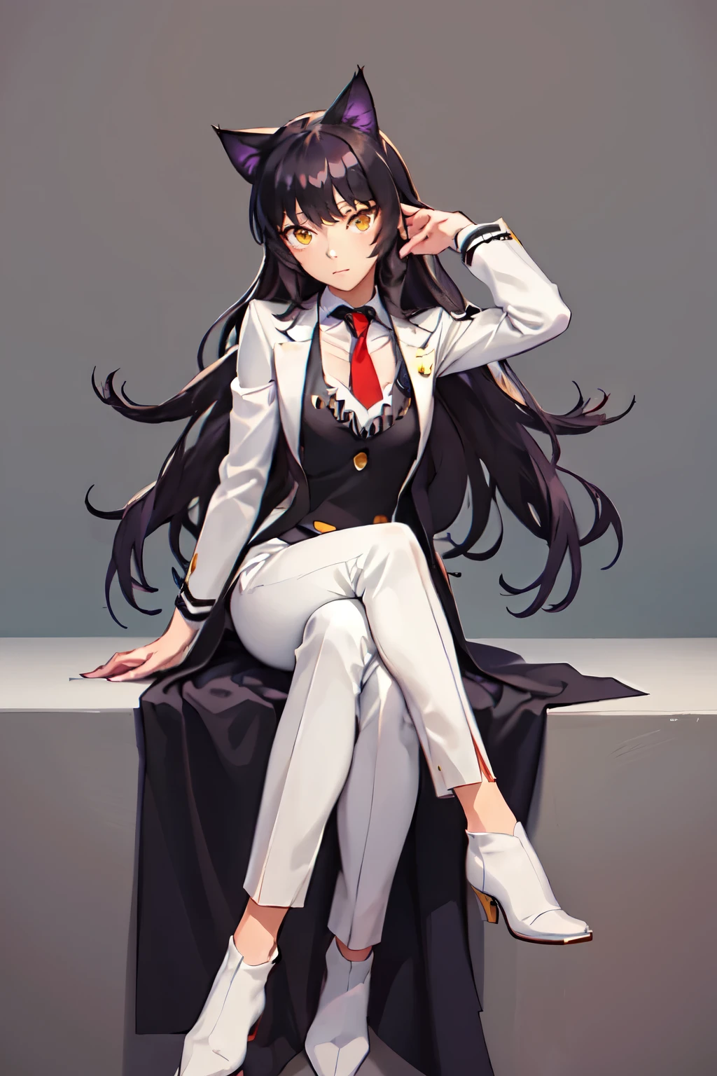 (masterpiece, best quality:1.2), solo, 1futa, blake belladonna, expressionless, closed mouth, looking at viewer, sitting, crossed legs, cat ears, cat tail, formal, white suit, red necktie, white pants, pointy footwear, visible bump in pants with 28 centimetres futanari penis