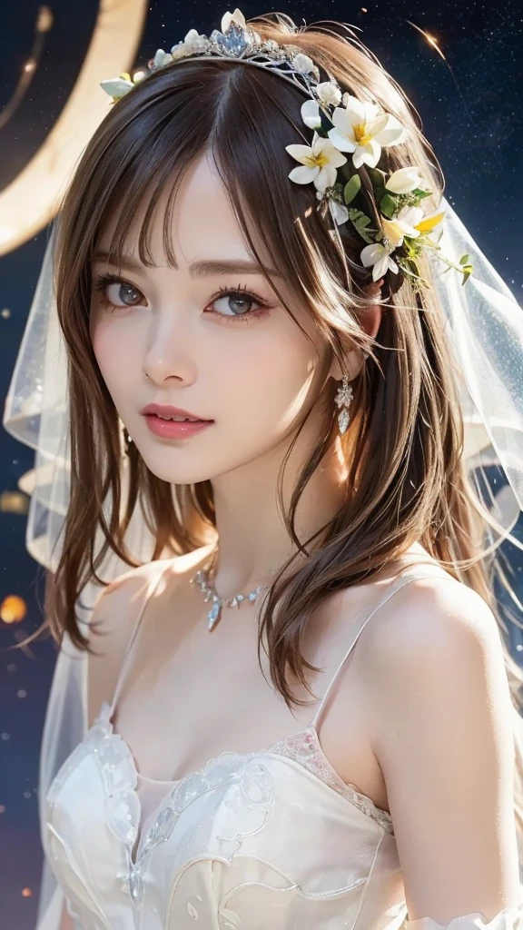 cowboy shot, from front, (face focus), (nsfw), 
1 woman, Sexy and beautiful woman, happy smile, shiny skin, 
((Blunt Bangs)), (((Violently tousled hair))), 
Colorful tiara, long wedding dress with complicated structure,
Colorful long wedding dress,
(((frilled see-through long wedding dress, super long cape from the head))),
Erotic, only sexy woman, bride,
One girl, slender, big and firm swaying bust, shiny skin,
Shiny pink cheeks, glossy pink lips, pink eye shadow, 
Church, brightly colored stained glass, small faint lights and flying fireflies,
Night, starry sky, Milky Way, nebula, shooting star, flower, bird, wind and moon, 
(((Blurred Background))), Fantastic, Epic Scale, 
(best quality), (high quality), (masterpiece), (4k, 8k, raw photo), (((Highly Detailed Face and Skin Texture))), 
(((Very elegant and beautiful, Perfect detail, Super detailed))), Beautifully detailed whole body, Depth of written boundary, 
