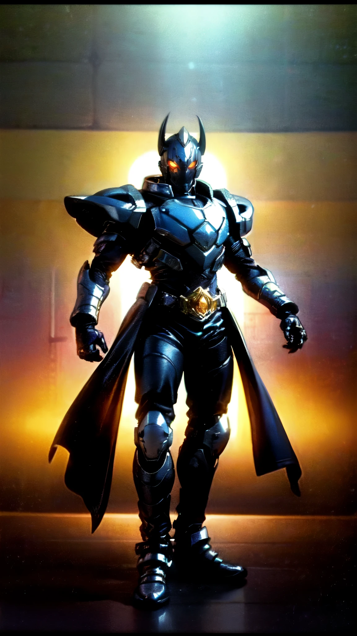 (masterpiece:1.5, best quality:1.5, extremely delicate:1.5), ((male:1.5)), a man wearing a full-face helmet, high-tech biomimetic armored combat suit, (a composite layered chest armor), the design balances heavy with agility, fully enclosed shoulder guards, matching arm and leg guards, a belt of gemstone, (the color scheme is primarily Red with Purple and Yellow accents, Organic Biotech, Concept Inspired by Vampire, glowing eyes, armor glows, huge cloak like devil wings, blood), stand of a futuristic sci-fi city, this character embodies a finely crafted fantasy-style armored hero in anime style, exquisite and mature art style, metallic, high definition, highres, ultra-detailed, ultra-fine painting, professional, perfect body proportions, golden ratio, anatomically correct, symmetrical face, extremely detailed eyes and face, high quality eyes, creativity, RAW photo, UHD, 32k, Natural light, cinematic lighting, (masterpiece-anatomy-perfect:1.2)