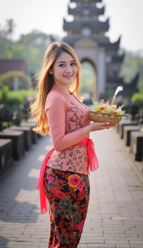 (masterpiece, best quality:1.2), 1girl, Russian Girl,very beautiful,  long hair, blonde hair,Alone, flower, kebaya_Bali, red_kebaya_bali, stands on bridge, facing away from the camera, facing back,  Bali temple background, beach.