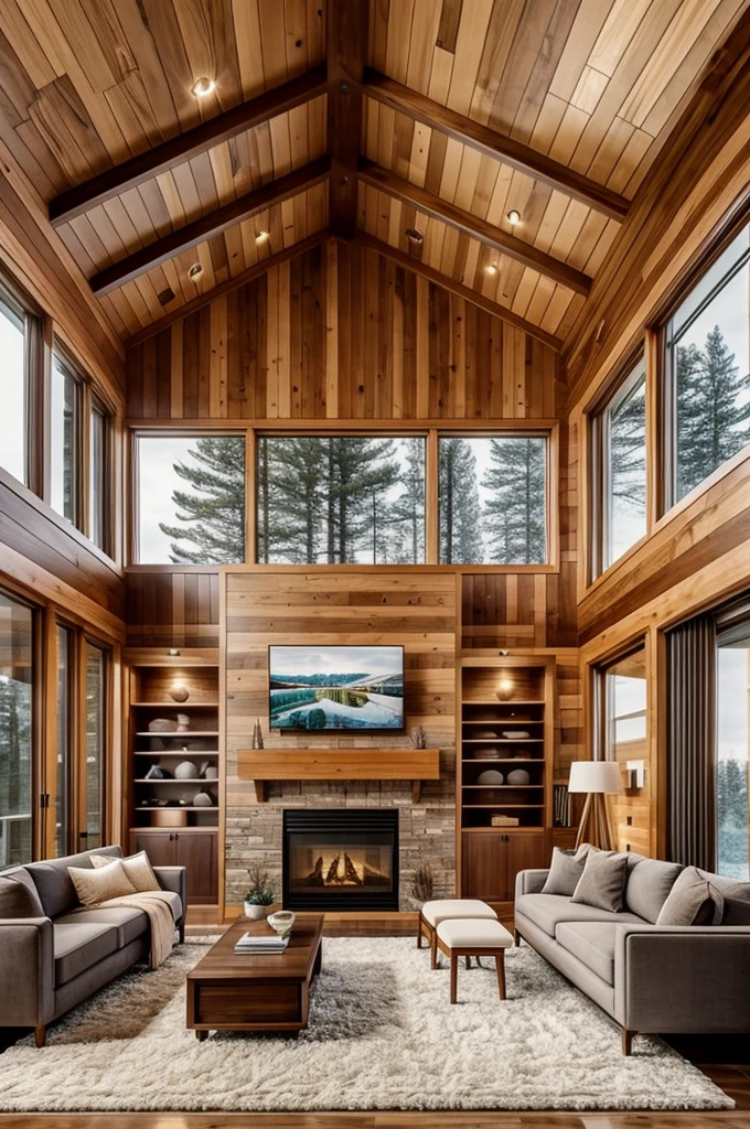 A cozy living room inside a luxury cabin with reduced walls made of warm wood in honey and earthy tones. At the center, a large L-shaped sofa upholstered in soft cream or beige fabric, seen from the front and side, adorned with fluffy cushions that invite relaxation. In front of the sofa, a modern horizontal fireplace with bright flames, topped by a perfectly integrated large television. The ceiling and the left side consist entirely of windows, allowing natural light to pour in and offering a panoramic view of a snowy exterior with trees covered in snow.

At the center of the room, a contemporary dark wood table with minimalist and functional details, holding a steaming cup of coffee, surrounded by a warm, thick-textured rug in neutral tones. The interior lighting is soft and warm, featuring recessed lights and the glow of the fire to enhance the cozy atmosphere. The exterior, visible through the windows, reveals an idyllic winter landscape with heavy snowfall cascading down.