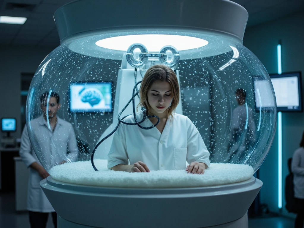 8k analog style, photorealistic, a sexy woman in pacient hospital clothes and cables in her head, inside jelly gel, similar to a giant fishbowl, inside futuristic brain machine that envelops her in a translucent, gel-filled chamber, with intricate cables connecting to her head. The design merges the sleek, immersive pods from 'The Matrix' with the advanced scanning technology of fMRI machines. The scene is set in a dimly lit, high-tech laboratory, featuring holographic displays and ambient lighting that highlights the machine's cutting-edge functionality.