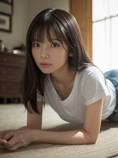 32K, masterpiece, masterpiece,  realistic ,  very detailed,    Unvolume ,  high res,  faces that Japanese men really like.,  Smoother Light  ,  Official Art,  written on everyone in the same swimsuit,  bright light, close,  detailed face , smile,  Beautiful Details in the Eyes , 19 years old Korean,  cute,  real skin texture deep into the night, T-Shirts,