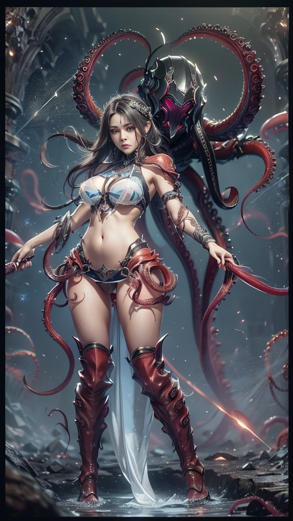 full body portrait of solo medieval assasin female, surrounded by magical haze and mystical flashes, surrounded and captured by large tentacles, sexy artistic pose, skimpy slingshot, no underwear, soft white skin, slightly muscular slim body, beautiful naked legs, sexy decollete, huge voluptuous breast, thin waist, detailed anne hathaway face, glossy pink lips, black hair, (black hooded head), ((anatomically perfect:1.5)), ((Best quality)), ((masterpiece)), (highly detailed:1.3), realistic, photorealistic, raw photo.