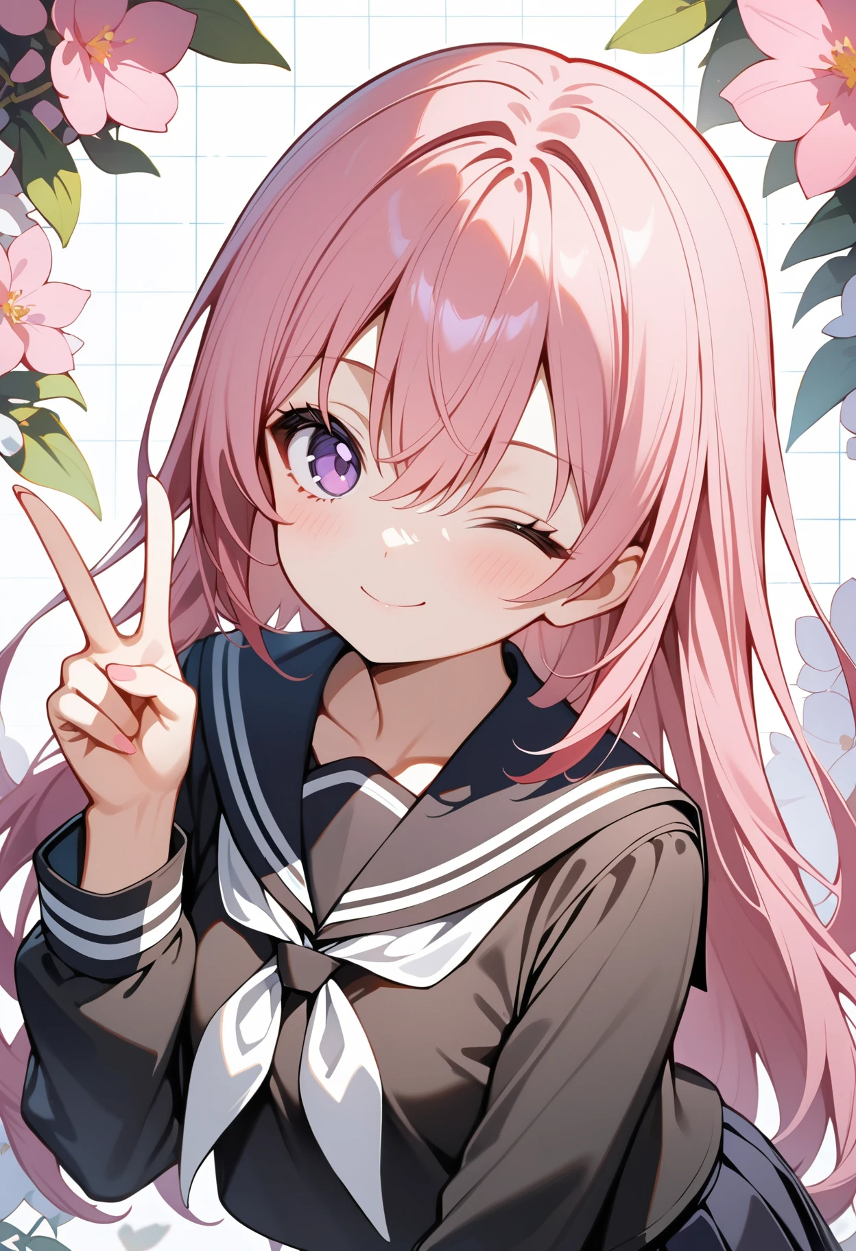 best quality, amazing quality, great quality, absurdres, 1girl, solo, pink hair, purple eyes, hair between eyes, long hair, black sailor collar, black skirt, school uniform, serafuku, white neckerchief, standing, v, upper body, looking at viewer, floral background, one eye closed, smile, closed mouth, grid background,