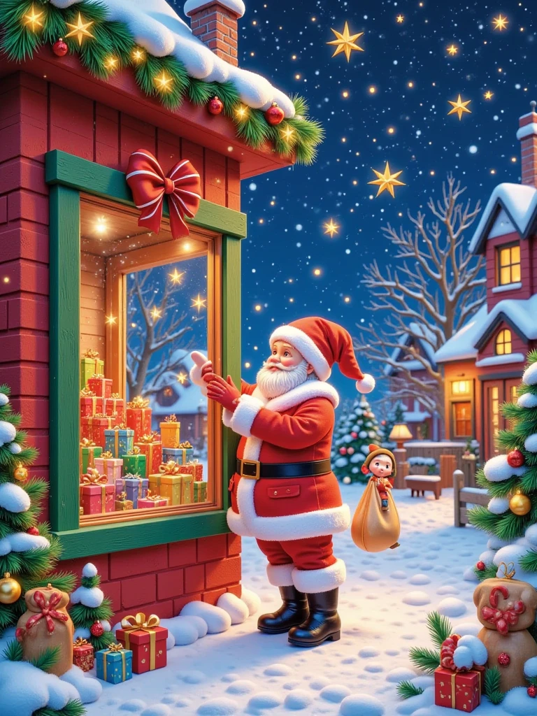 The Christmas theme is bright red and green with a huge (Gift Box Clear Window:1.2）holding gift boxes inside. Father Christmas is carrying a tote bag in his hand and is greeting people next to the window. At night, on a country road, the sides of some country houses are covered with twinkling winter lights.