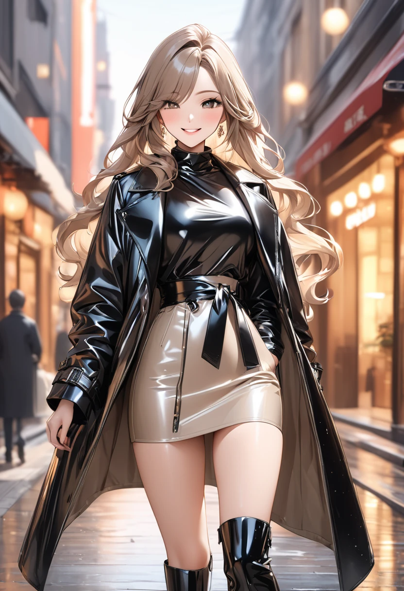 (((Best quality, 8k, Masterpiece: 1.3)), ((best quality)), ((masterpiece)), (detailed), perfect face, perfect body, (detailed skin:1.3), (intricate details), A fashionable woman wearing a sleek black leather coat, radiating elegance. Her long, glossy hair cascades down to her waist, and she wears a warm, confident smile. She pairs her outfit with a beige skirt and stylish boots, showcasing impeccable style. The background is a softly lit urban street, adding a modern yet cozy atmosphere to the scene.