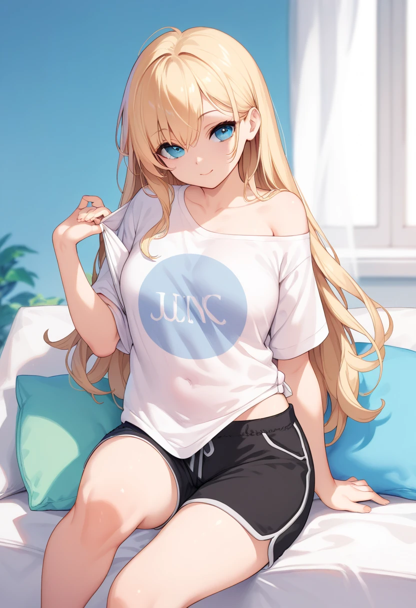 Anime shy girl with long straight blond hair. White cat ears and furry white cat tail. With blue eyes. In white underpants. In green and white stripped t shirt
