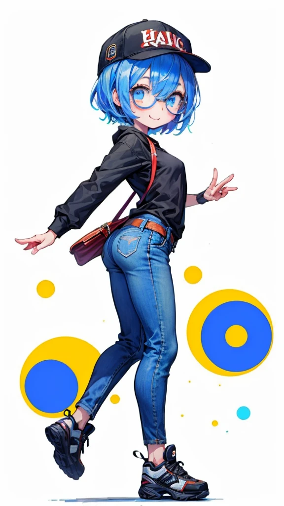  one girl  in：1.5，、The face shows a white background：1.3，(masterpiece),  top quality,  Expressive eyes,  perfect face, a girl wearing a black hoodie and pal blue jeans against a white background,  one girl , Alone,  blue eyes,  Round Eyes, Big anime eyes, students in a circle, smile, Deep blue hair, Short pixie cut,  small breasts, Red frame_Glasses,  have , pants, shoes,  medium hair up to buttocks, Baseball cap, denim, jeans, whole body, smile