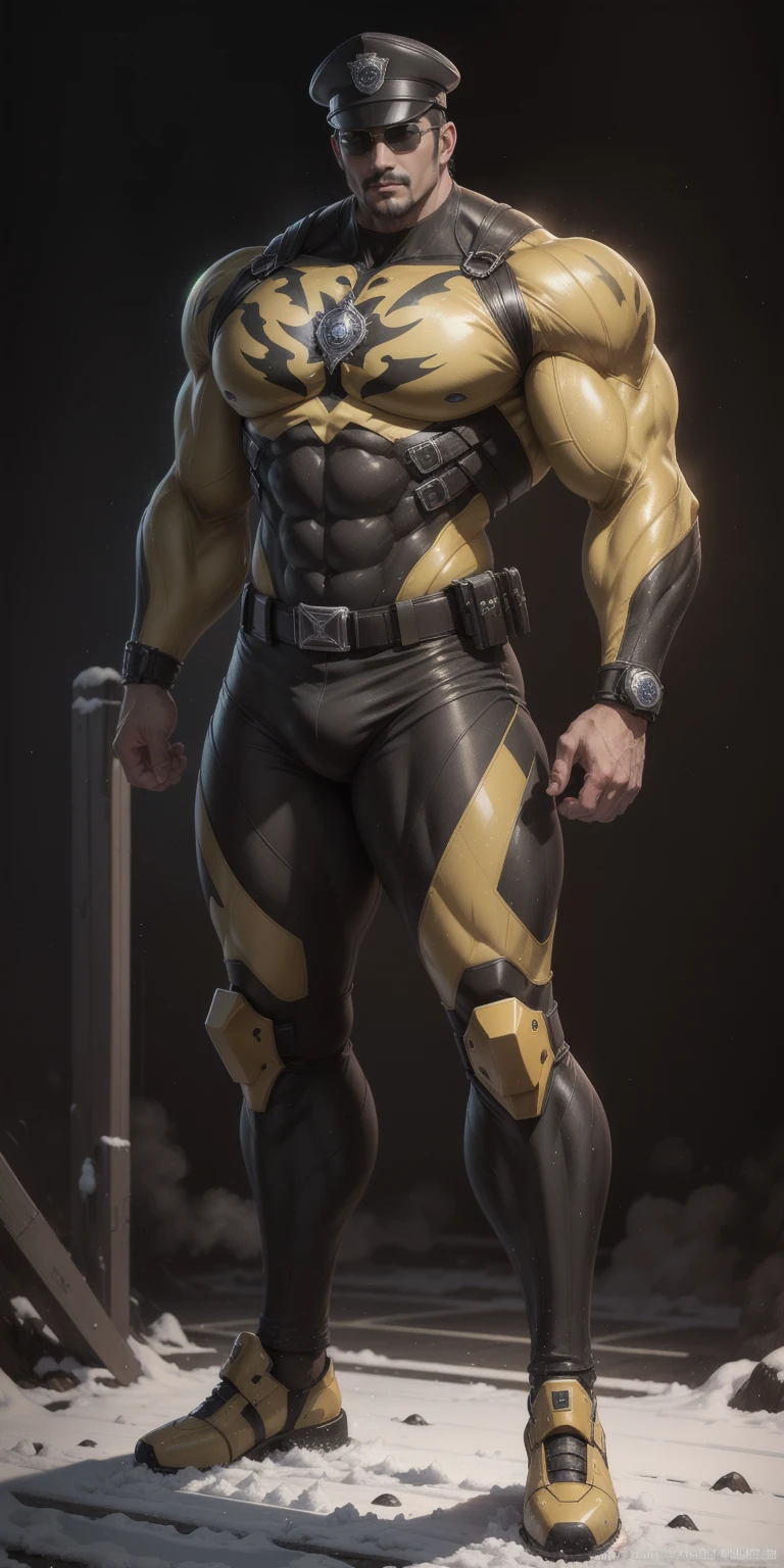 Arad man in yellow and black clothes, lying in a sticky tentacle lair, wrapped in black tentacle entanglement, muscle male hero, Buzz Cut, heroic male pose, tall and burly, muscular! Wearing black sunglasses, tall and burly, stealth suit, super buff and cool, high resolution committee, character design (Resident Evil - Chris Redfield), black military boots, attractive strong male