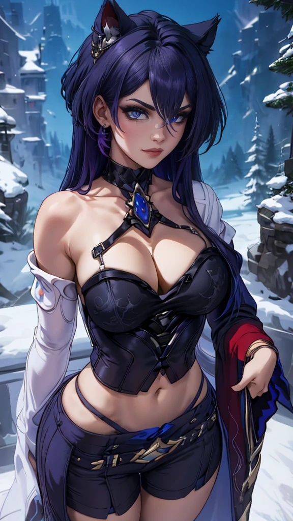  The character presented in the image has an intriguing and distinctive look .  Here are the details that describe it :

1. **hair**:  She has long dark hair , almost black,  with some lighter or silver highlights on the tips ,  that evoke the appearance of wolf or cat ears .

2. **eyes**:  The eyes are large and expressive , of an intense red,  that give an enigmatic and attractive air to her appearance .

3. **Ornaments**:  The character wears an elegant tiara with red stones and an intricate design , that attracts attention. Furthermore,  there is a decorative band around the face ,  which suggests a mystical or fantasy look .

4. **clothing**:  She is dressed in a black top that is revealing , accentuating your silhouette.  The fabric has a subtle sheen ,  that stands out against the dark background .

5. **Environment**: The background is dark,  What makes the character's elements stand out even more , giving an air of mystery to the scene .

 The combination of all these elements creates an aura of mysticism and seduction,  making the character not only visually attractive , but also intriguing .