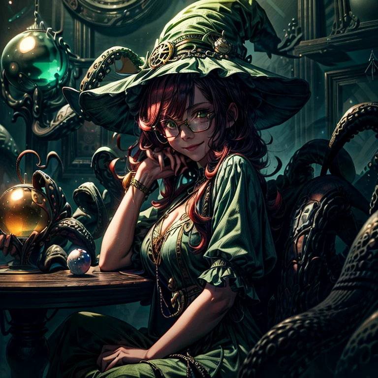 Short,  red hair ,  green eyes ,  metal-framed glasses,  green witch hat , green dress with gold pattern , , a smiling girl is sitting in a room at a table with (crystal ball :1.2) against the background of tentacles .