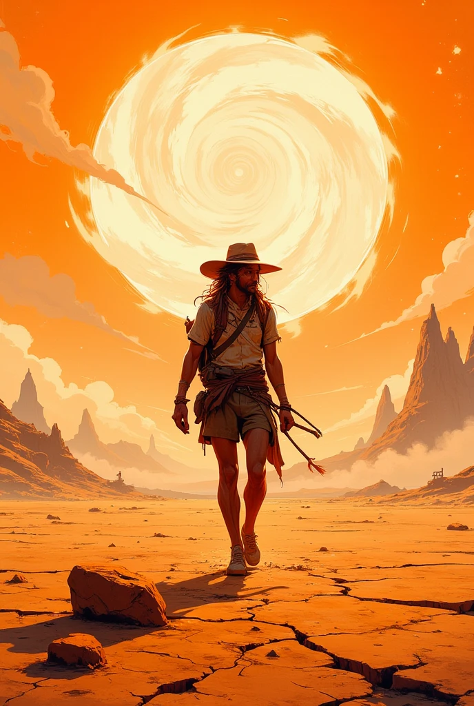 A solitary wanderer strides across an expansive, sun-baked plain under an unforgiving midday sun. The ground beneath their feet is a patchwork of cracked earth, with small whirlwinds of fine dust spiraling into the dry, shimmering air. Their wide-brimmed hat, weathered and frayed at the edges, is tilted low to shield their face from the relentless glare. Sweat glistens on their sunburned skin, and their tattered clothing clings to their frame, streaked with dirt from countless days on the road. The horizon stretches endlessly, broken only by jagged, hazy silhouettes of distant peaks, their outlines wavering in the oppressive heat. The sky is a gradient of vibrant orange and blinding white, amplifying the scene's intensity and the traveler's palpable exhaustion. Every step carries a sense of determination, tempered by the weight of solitude and the harshness of the unforgiving wilderness.