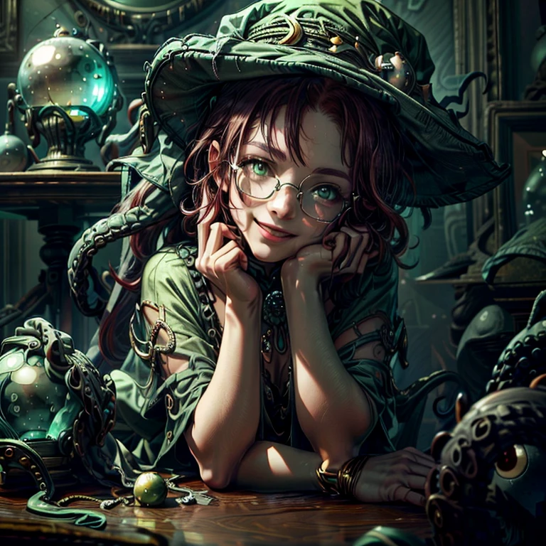 Short,  red hair ,  green eyes ,  metal-framed glasses,  green witch hat , green dress with gold pattern , , a smiling girl is sitting in a room at a table with (crystal ball :1.2) against the background of tentacles .