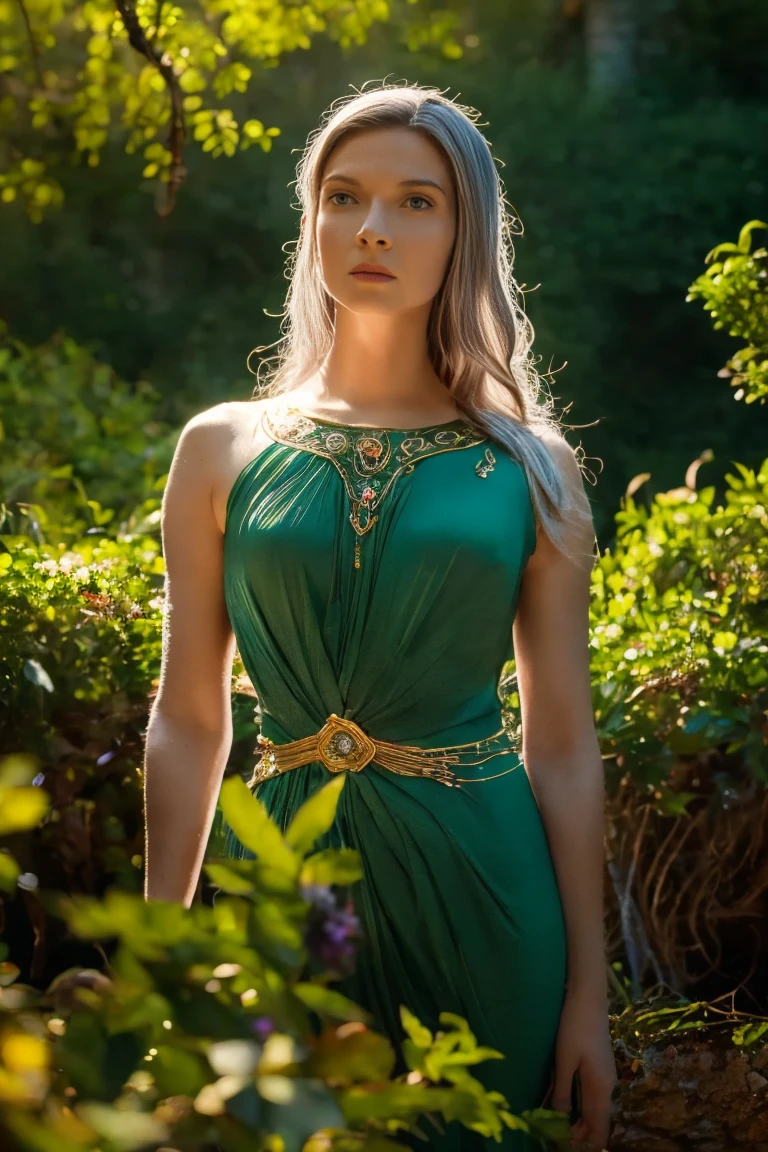 Galadriel, a radiant elven queen, standing gracefully in a magical elven forest bathed in soft, ethereal light. She is wearing a flowing green dress adorned with intricate golden embroidery, reminiscent of delicate vines and leaves, perfectly complementing the lush surroundings. Her long, silvery hair cascades over her shoulders, glowing softly in the dappled sunlight filtering through ancient, towering trees. The forest is alive with magical energy, featuring bioluminescent flowers, sparkling streams, and faint, glowing particles floating in the air. Her expression is serene and wise, her piercing eyes reflecting the timeless beauty and wisdom of the elves. The scene is infused with an otherworldly atmosphere, with fine details in the textures of her dress, the bark of the trees, and the vibrant flora. Photorealistic rendering, ultra-high-definition, with dramatic, yet soft lighting highlighting her elegance and the magical ambiance of the forest.