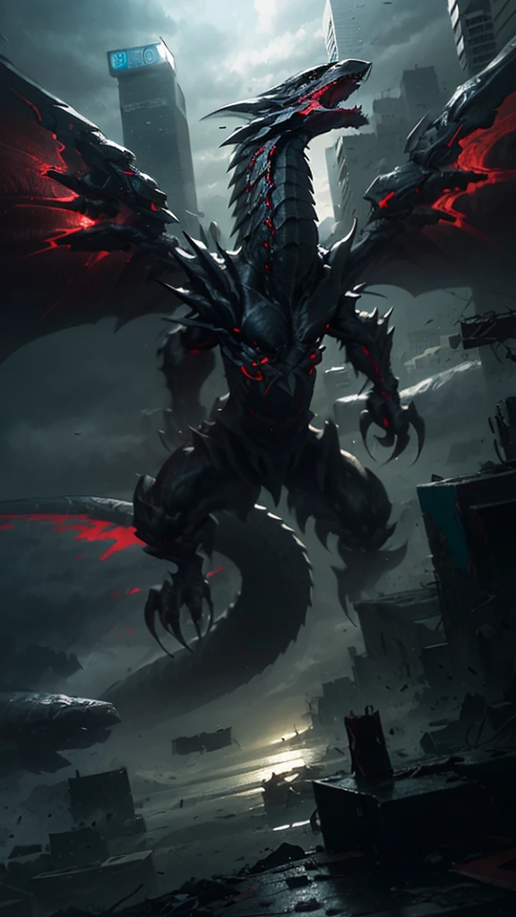 A dragon is flying and roaring , black and red, detailed dynamic dragon, roar, awe, face to the camera, (slim and sharp figure) ,widely spread the wings, cityscape, destroyed, war, in background, (best quality, 4k, 8k, incredibly absurdres , masterpiece:1.2),ultra-detailed, (realistic, photorealistic, photo-realistic:1.37),HDR,UHD, cinematic lighting, best lighting allocation, ultra-fine painting, sharp focus, anatomical perfect rendering, extreme detail description, professional, optimized colors, 