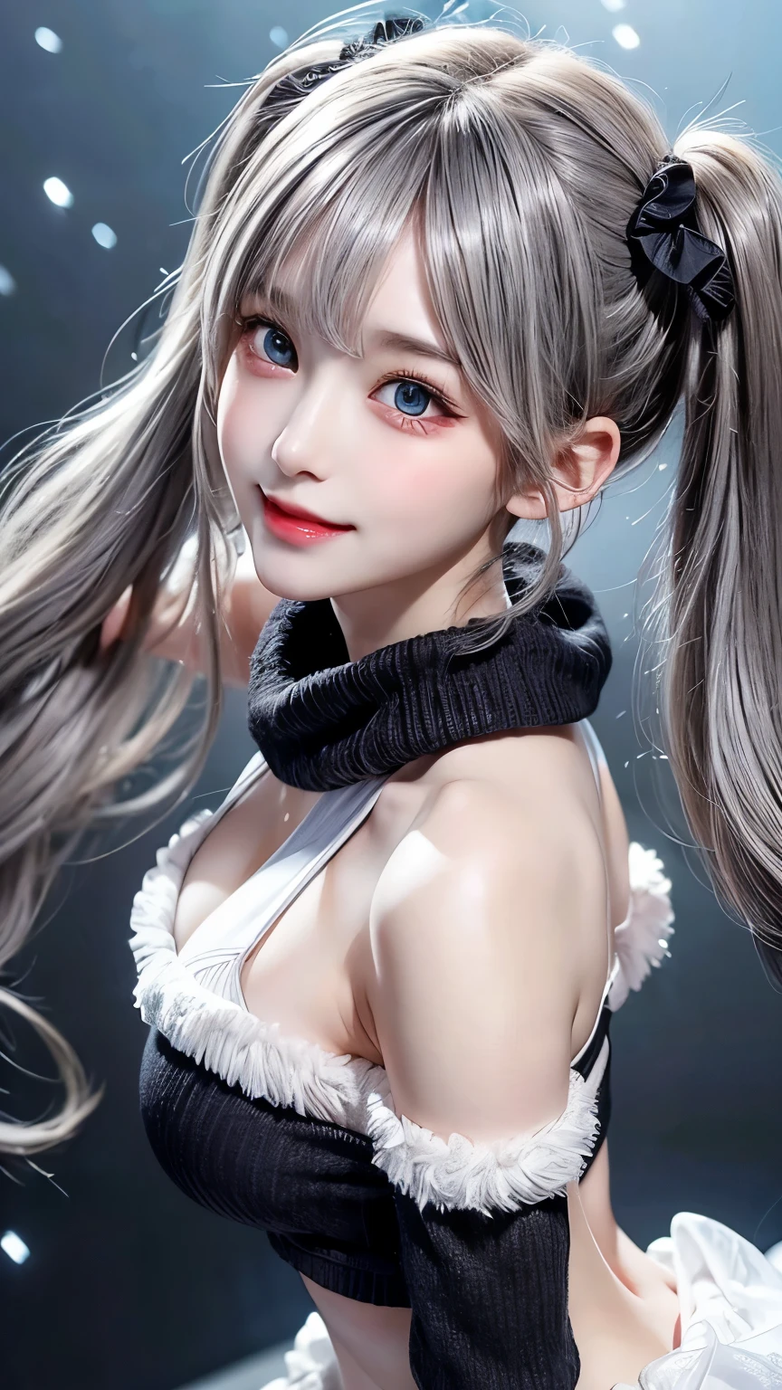 high quality, Lots of details, A girl with silver hair and twin tails poses cutely. They are wearing vintage sexy clothes., Putting on a bracelet, Earrings and Necklaces. I can see big things, Cleavage, Shining Breasts, Sweat drips from her cleavage, Sexy vibe.