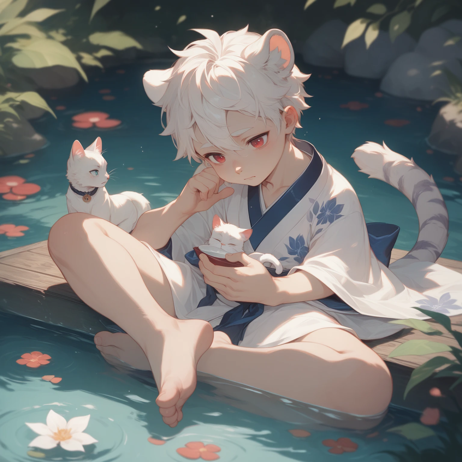 ((pale skin)), (shota), (white tentacles), (short hair), (purple eyes), (white hair), (blue and white striped sailor suit), (blue and white striped shorts), (barefoot), (happy), (cat ear tail), (standing), (handsome), (standing painting)