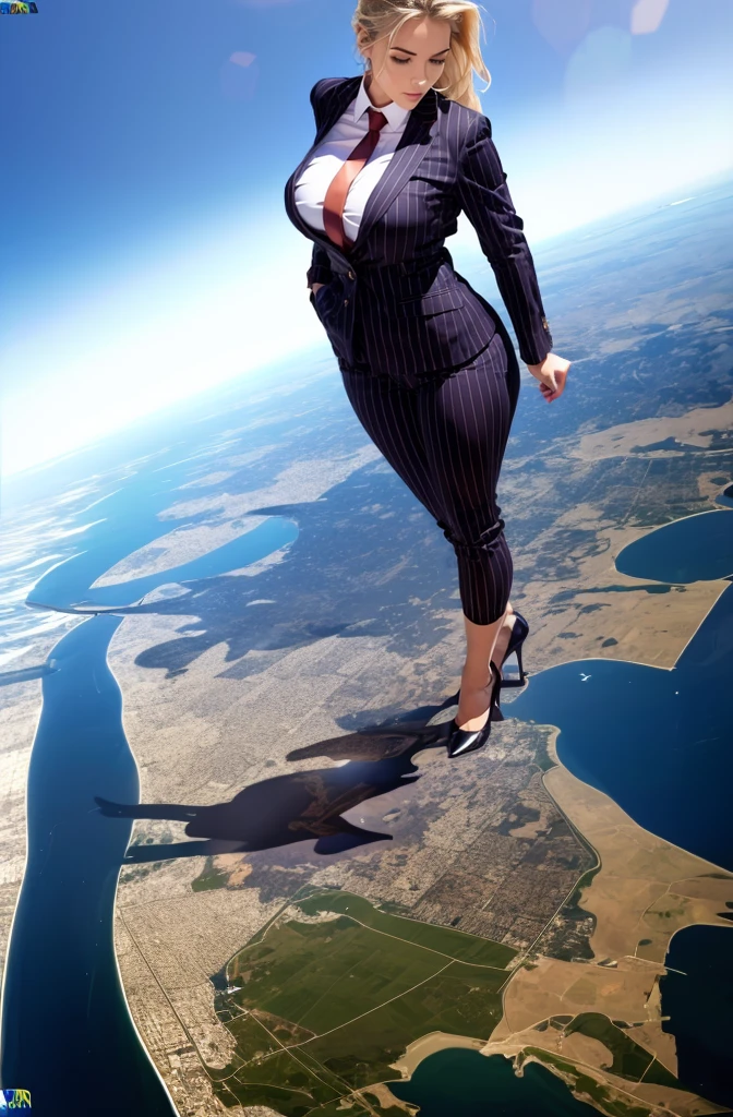 Giga Giantess art 1:4, two highly detailed giga giantess, blonde hair, bbw white woman full body view, 1000 miles giga giantess, giga giantess so massive the world is very small to her, huge breasts, light blue pinstriped skirt suit and blazer, white tailored shirt, tie done up in a thick and very large red Windsor knot tie, ties length reaches just passed the top of trousers, Has long full wavy ponytail, Wearing a pair of  polished round toe court heels Professional attire A look of enjoyment, Beautiful appearance, smile, horny (view from the ground)giga goddess, full body view, standing striaght, stomping on very tiny but massive continent, giantess so big she can see the whole coast line of USA, facing towards camera, from below