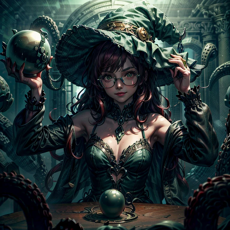 Short,  red hair ,  green eyes ,  metal-framed glasses,  green witch hat , green dress with gold pattern , , a smiling girl is sitting in a room at a table with (crystal ball :1.2) against the background of tentacles .