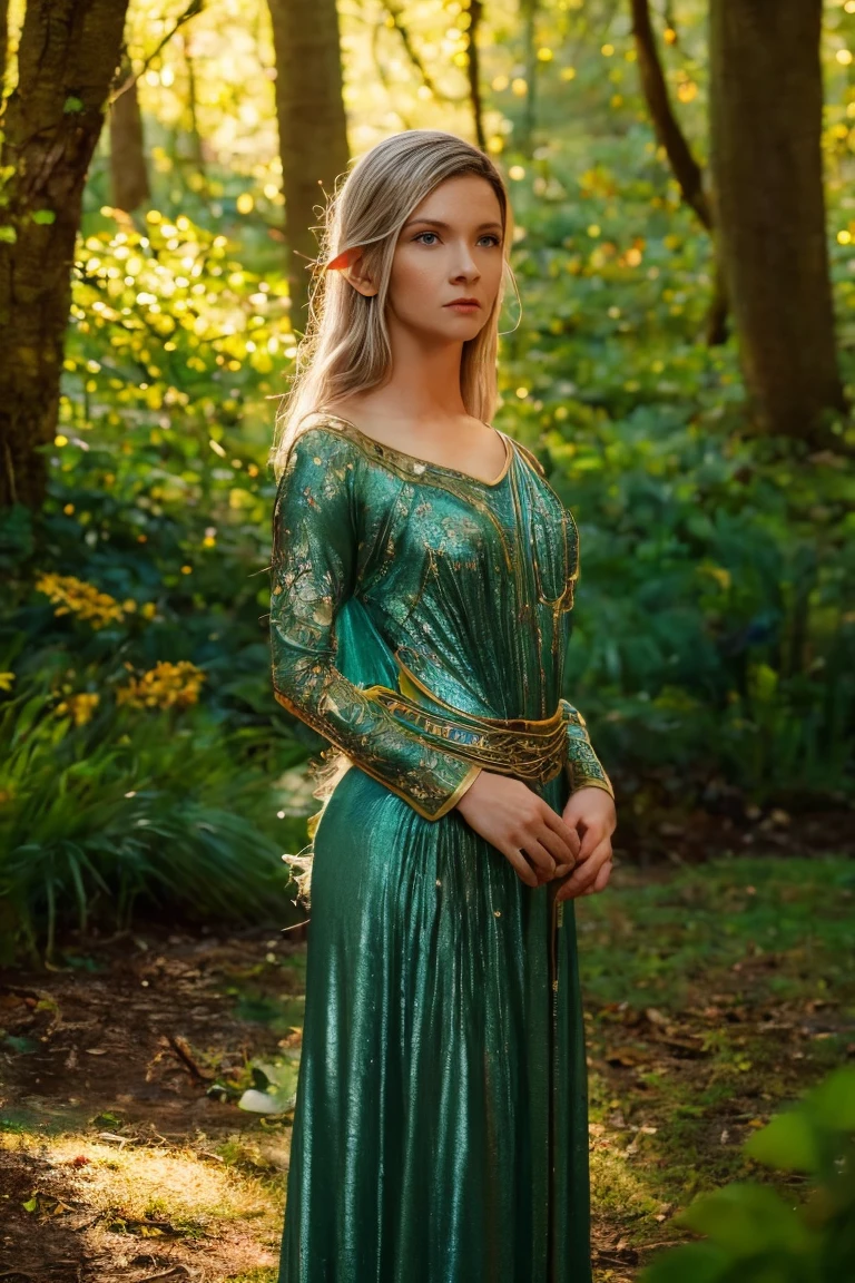 Galadriel, a radiant elven queen, standing gracefully in a magical elven forest bathed in soft, ethereal light. She is wearing a flowing green dress adorned with intricate golden embroidery, reminiscent of delicate vines and leaves, perfectly complementing the lush surroundings. Her long, silvery hair cascades over her shoulders, glowing softly in the dappled sunlight filtering through ancient, towering trees. The forest is alive with magical energy, featuring bioluminescent flowers, sparkling streams, and faint, glowing particles floating in the air. Her expression is serene and wise, her piercing eyes reflecting the timeless beauty and wisdom of the elves. The scene is infused with an otherworldly atmosphere, with fine details in the textures of her dress, the bark of the trees, and the vibrant flora. Photorealistic rendering, ultra-high-definition, with dramatic, yet soft lighting highlighting her elegance and the magical ambiance of the forest.