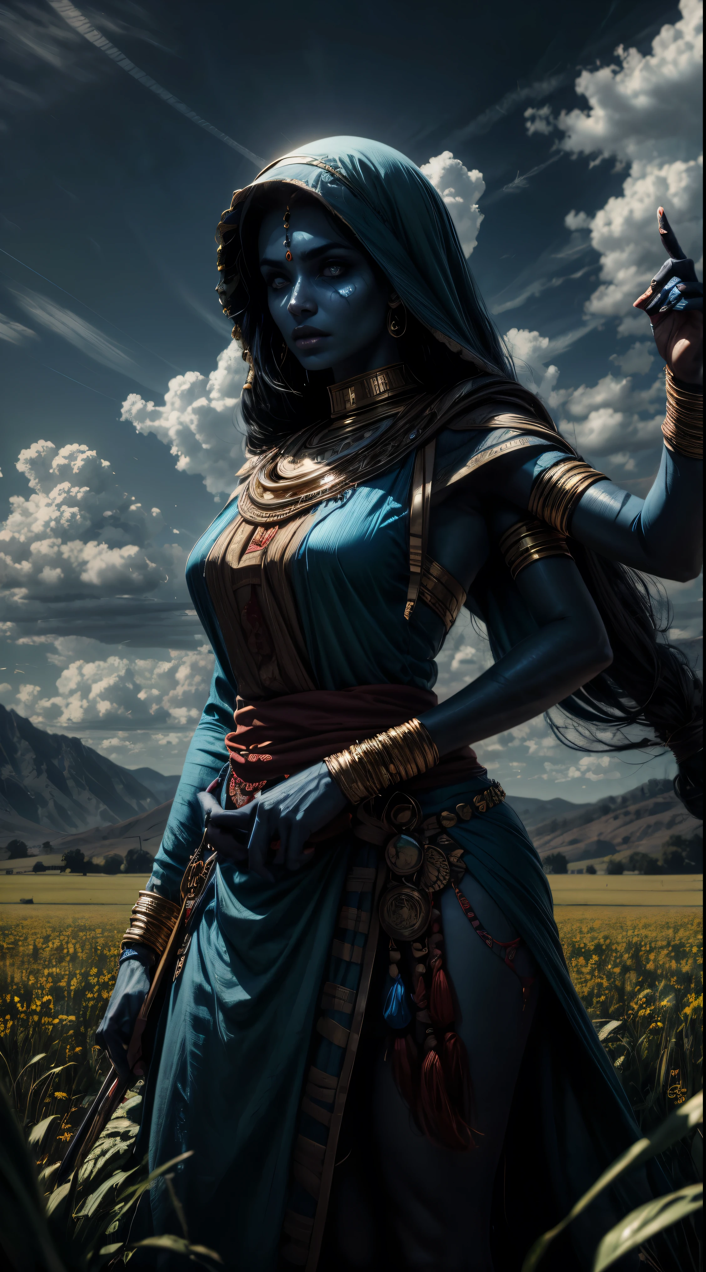 arab woman, blue skin, she has four arms, indian woman, battle rogue clothes, field, clouds 