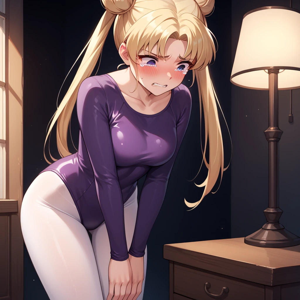 slrmn, blonde hair, twintails, double bun, parted bangs, 
skin tight, tight fit, long sleeve, simple purple leotard, white pantyhose, (off neck), break,
score_9, score_8_up, score_7_up, dimly lit basement, lamp, break,
embarrassed, blush, clenched teeth, tearing up, hand between legs, hand on own chest, standing , leaning forward, , , 