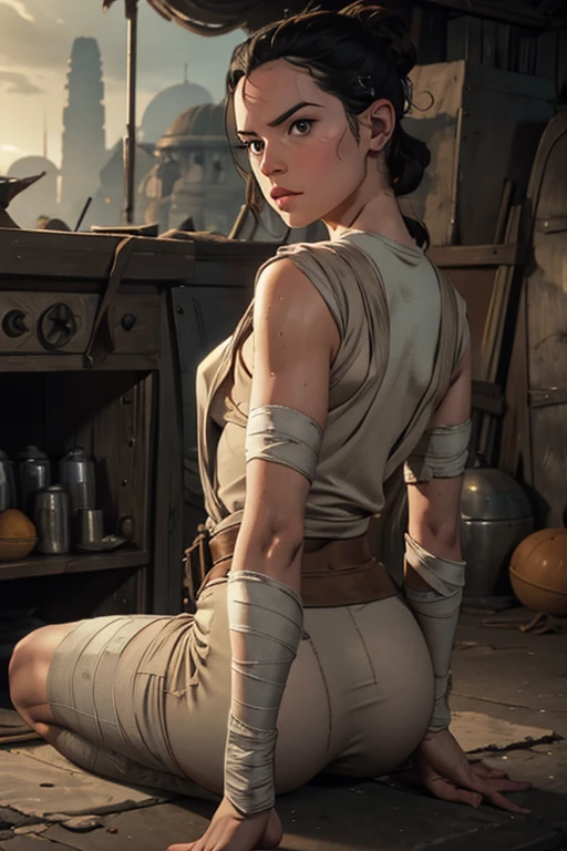 Daisy Ridley face 8k resolution, masterpiece 1.3, Ultrarealistic face, slim athletic physique, small flat breasts, round ass, tight round Buttocks, buttcheeks, cameltoe, sweaty body glistening skin, dirt covered around her body, torn skimpy clothes, ((1girl, r3y5w7d4i5y-smf, solo, realistic, black hair, bandages, lips, parted lips, black eyes,)),; "Locked in a small, dimly lit cell, Rey sits on the cold floor, her back against the wall. Her clothes are tattered, and she has a look of weary resignation as she contemplates her next move. Bending Over.", buttcheeks, perfect butt, detailed hands, looking at viewer