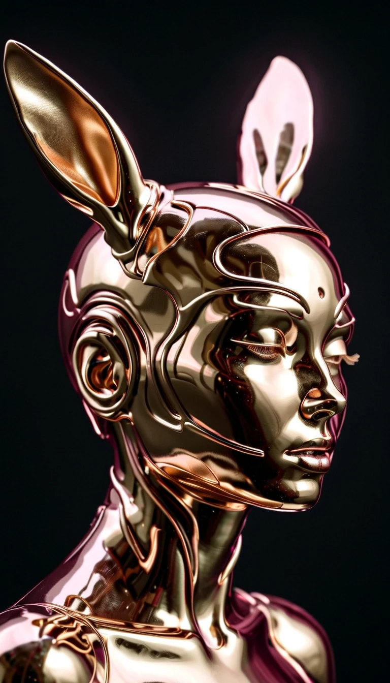 Beautiful female android、Made of pink and silver liquid metal,  Rabbit Ears ，Side View，Photo realistic , Hyper realistic ,  high detail ,  Analog Style ,  detailed skin, Matte skin,  soft lighting ,   subsurface scattering ,  realistic ,   Heavy Shadow  ,   Masterpiece  ,  top quality, ultra  realistic , 8k, Golden Ratio,  complicated,  high detail, Film Photography,  Soft Focus