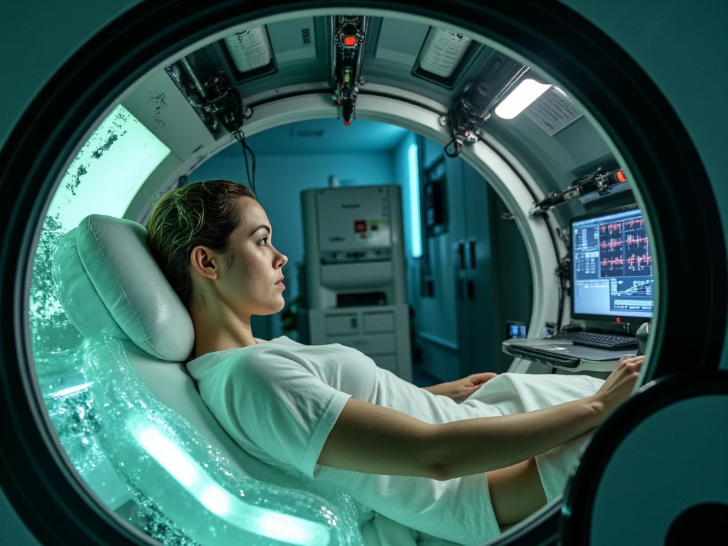 8k analog style, photorealistic, a sexy woman in patient hospital clothes immersed in a translucent, gel-filled chamber. Intricate cables connect to her head, glowing faintly. A futuristic mind-reading apparatus surrounds her, blending the sleek pod designs of 'The Matrix' with advanced fMRI scanning technology. The setting is a dimly lit, high-tech laboratory with holographic displays, glowing monitors showing brainwave activity, and ambient blue-green lighting that emphasizes the cutting-edge machinery.