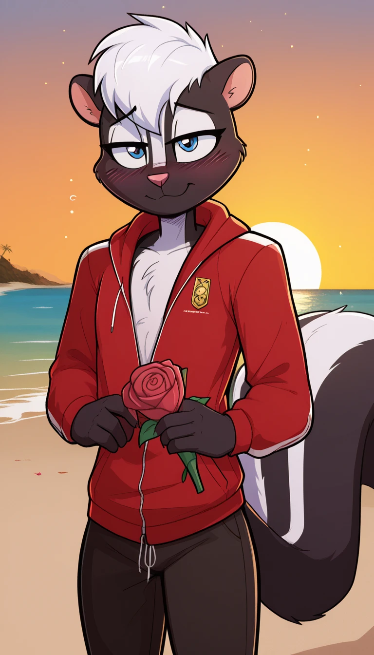 masterpiece, best quality, nervous expression, male, anthro, furry, black fur, fluffy fur, French striped skunk boy, furry, skunk ears, black nose, cute eyes, blue eyes, skunk tail, white hair, long stable hair, (white hair), solo, (beach), sunset, detailed, big eyes, buff muscular chest, French black greaser jacket with black greaser pants, holding a rose, shy, head tilt, adult (19 years), flat chest, buff thighs, half-closed eyes, blush, looking at the viewer, standing, (kilinah), light particles, score_9, score_8_up, score_7_up, score_6_up, score_5_up, score_4_up