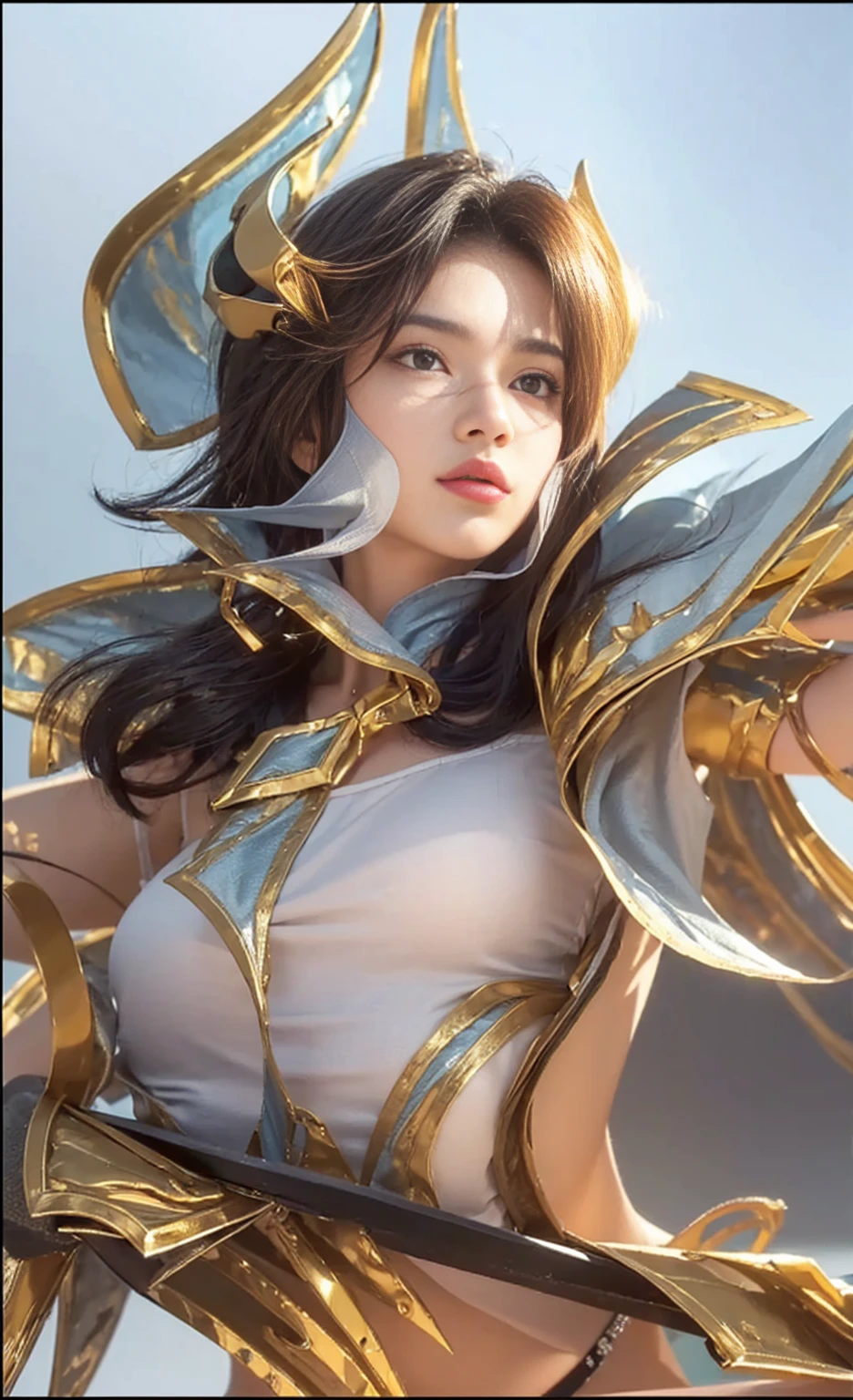 (Extremely detailed Cg Unity 8K wallpaper,Masterpiece, Best quality, Ultra-detailed, Beautiful detailed eyes:1.2),Best illumination, (Best shadow, An extremely delicate and beautiful, full bloom), 1girll,Solo,Large breasts，Heavy armor，complex patterns，Long hair,Film filter, Greek temple，dramatics，dynamicposes，illusory engine， (High detail: 1.9)，Starcloud，the night，torchan，full body shot shot，Fighting posture，dramatics