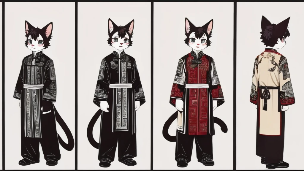 The full body of a boy with oriental cat ears、(   depicts the same character from 3 angles)、There is only 1 type of clothing、