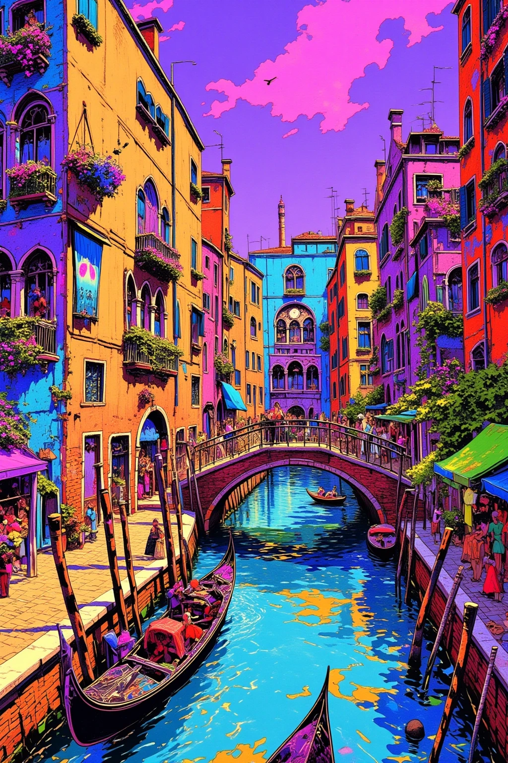  gondola drawing in Venice、Small boat、Hallucinatory Art  、  dmt Death of Ego  、  Psychedelic Horror  、 purple sky、 Highly Detailed Fantastic Art  、  DMT Egodes  、 Shamanic Fear  、LSD art、clock、collage、The Marauders in the Small Boat、channel 、bridge、Lizard