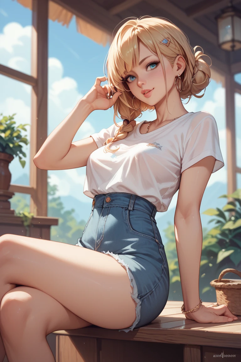 best quality, ultra-detailed, photorealistic: 1.39) masterpiece, best quality, Beautiful trees, flowers, Beautiful trees, flowers and roses, white hair, shy smile, making a shy expression, stylish hairstyle, on the road, adventurous clothes, shorts, tank top and ankle black boots