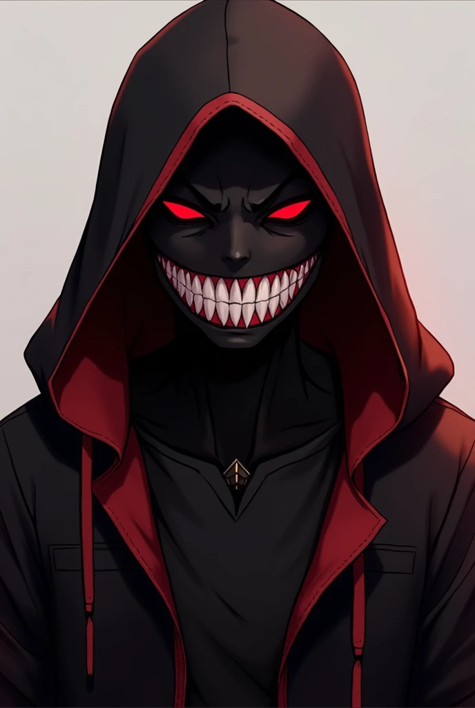 a close up of a person with a red and black costume, with red glowing eyes, fully red eyes, gapmoe yandere grimdark, with glowing red eyes, epic anime style, helltaker, red glowing eyes, glowing red eyes, fully red eyes no pupils, his eyes are red and glowing, red eyes glowing, villain wearing a red oni mask